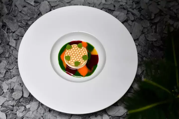 Pollinisation de miel et coulis végétaux, dessert à la pomme d'or à Sancerre.